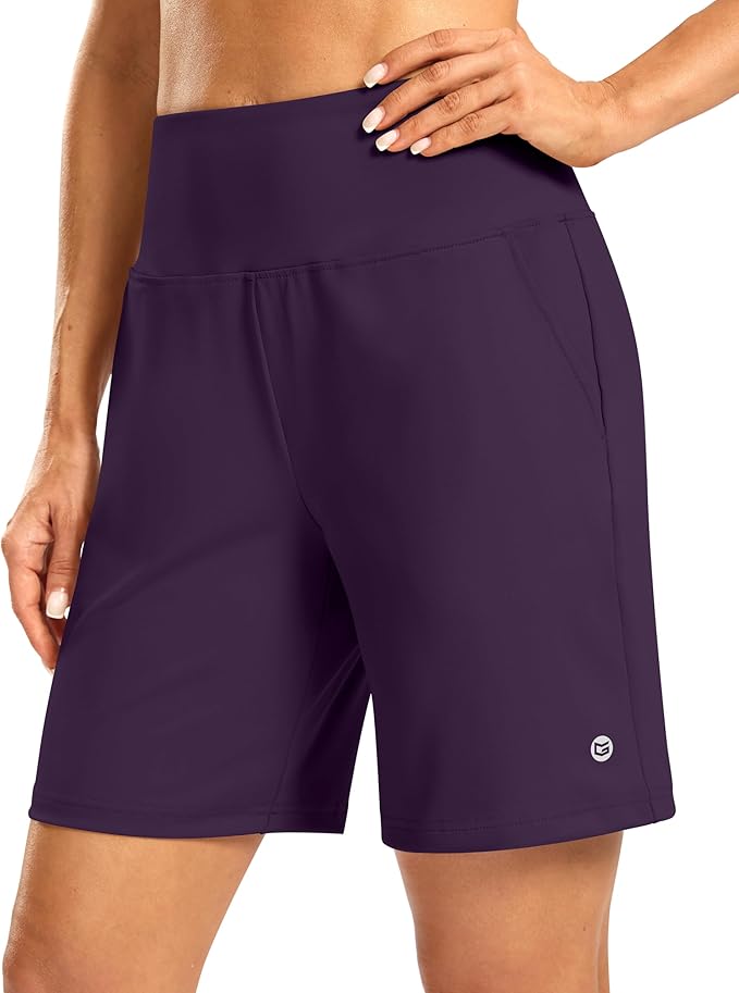 Women's Athletic Shorts with Zipper Pocket 7" High Waisted Stretchy Bermuda Shorts for Women Workout Running Casual