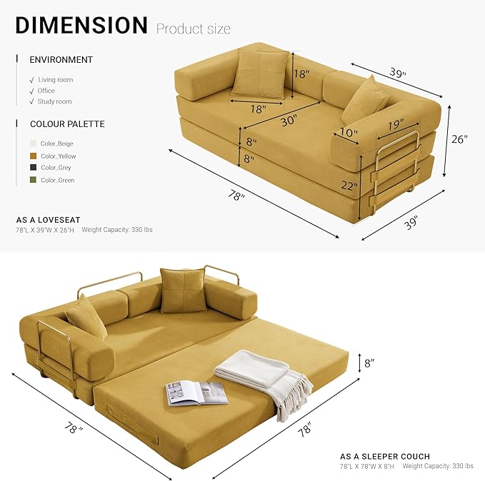 78" Convertible Sleeper Sofa Bed, Corduroy Folding Sofa Bed with Fixed-Shape Frame, Fold Out Floor Mattress Couch, Lazy Compression Sofas for Living Room, Bedroom, No Assembly Required, Yellow