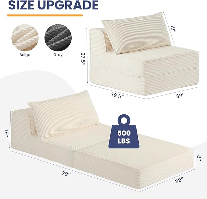 Convertible Sofa Bed, Fold Out Loveseat Sleeper Sofa Chair with Pillow, Folding Sofa Bed with Back Support, Portable Chair Bed Comfy Floor Lounge Sofa for Living Room Bedroom Guest Room, Beige
