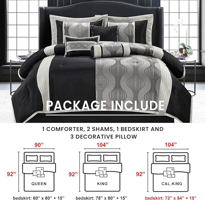 Grand Avenue Elegant Black and Silver Comforter Set California King Size, Striped, 7 Pieces Bedding & Collection, Jacquard All Season Comforter & Pillows, Ultra-Soft Microfiber