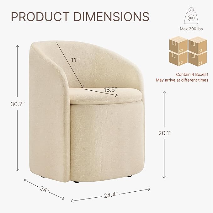 Upholstered Dining Chairs with Casters, Rolling Modern Dining Room Chairs with Hidden Storage & Barrel Backrest, Easy Assembly Accent Chair for Bedroom, Living Room, Dressing, Sand Fabric,4PCS