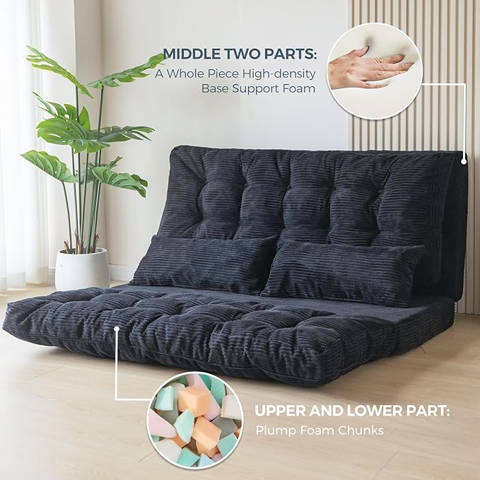 MAXYOYO Bean Bag Bed Tufted Folding Sofa with Pillows - Extra Thick & Long Floor Couch Bed for Adults, Black, 54x91 Inch