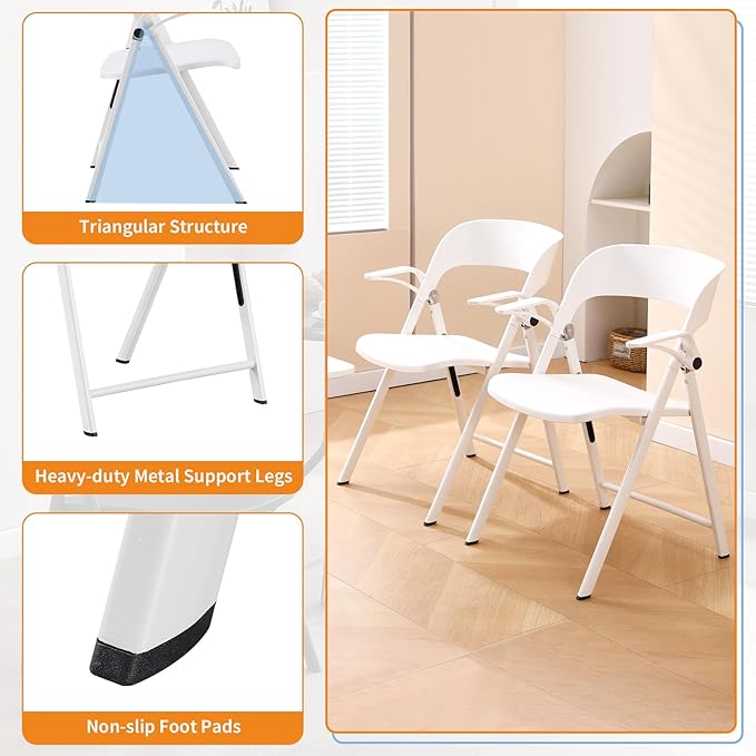 White Office Chair with Arms, Plastic Folding Chairs, Comfort Stackable Dining Chairs,Portable Foldable Chair with Steel Frame for Indoor, Outdoor, Wedding, Party, Lawn, Yard, Beach, 2Pack