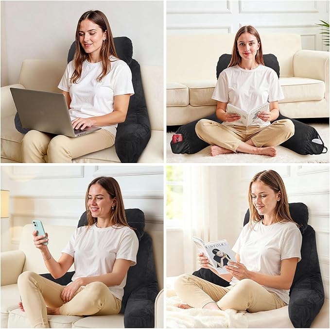 OAISZ Reading Pillow for Sitting in Bed Adult, Reading Pillow with Shredded Memory Foam (Black, Extra Large 25" H)