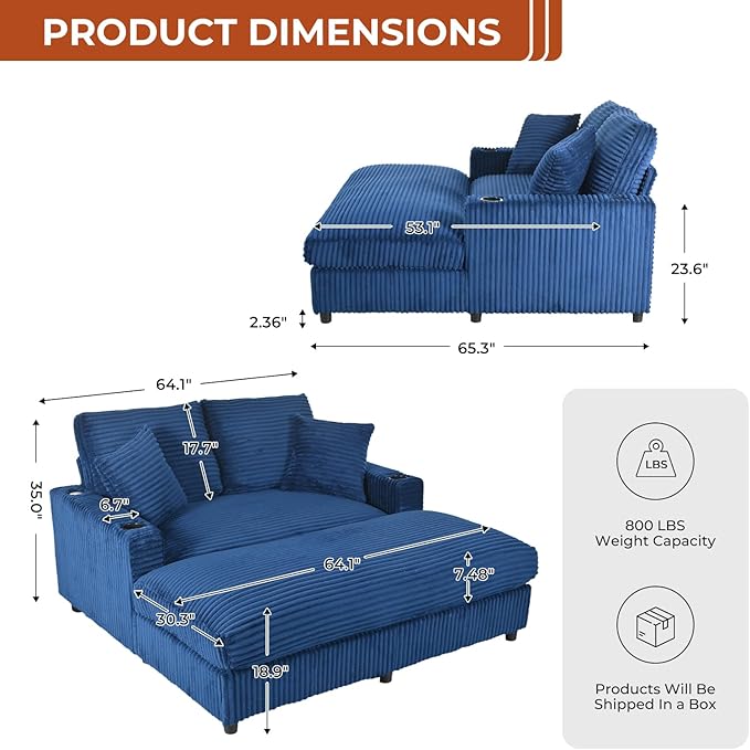 65" Oversized Chaise Lounge Chair Indoor, Upholstered Sofa Bed with Pillows & 2 Cup Holders, Sleeper Couch Comfy Corduroy Recliner Chair for Living Room, Movie Room, Bedroom, Blue