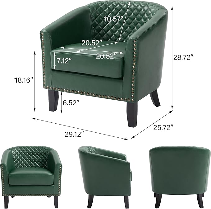 Accent Barrel Chair, Upholstered Faux Leather Club Chair with Nailed Trim, Comfy Reading Armchair for Living Room Bedroom Reception Room Office (Dark Green, Set of 4)