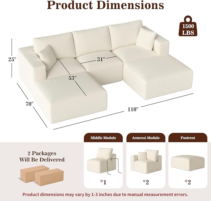 110" Modular Sectional Sofa, Cloud Couch U Shaped Memory Foam Boneless Couch with Ottoman, Cozy Upholstered Corduroy Floor Couch, No Assembly Required Living Room Furniture for Apartment, Beige