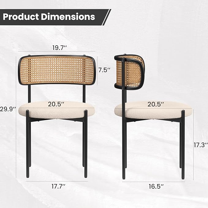 Farini Dining Chairs Set of 4,Mid-Century Modern Kitchen Chair Rattan Backrest Round Upholstered Sherpa Dining Chairs with Metal Legs,Light Brown