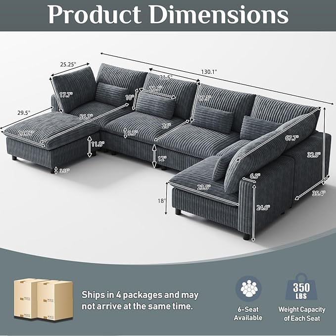 130" W x 67" D U Shape Sectional Sofa with USB Charging & Cup Holder & Storage, 6 Seater Plush Corduroy Couches with Movable Ottoman, Cloud Couch Sofas for Living Room, DIY Combination - Dark Grey