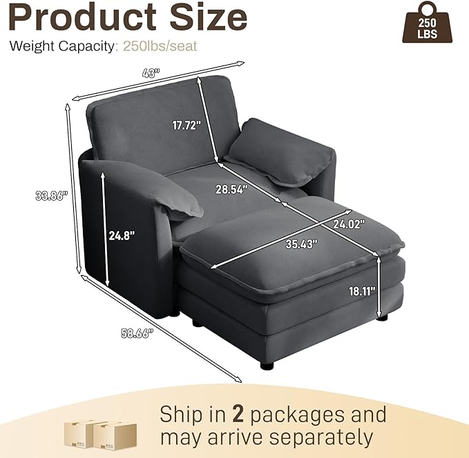 DAMAIFROM Oversized Chaise Lounge Chair Indoor with Ottoman, Firm Solid Wood Frame with Long Service Life Chenille Oversized Lounge Reading Chair for Study Room - Grey