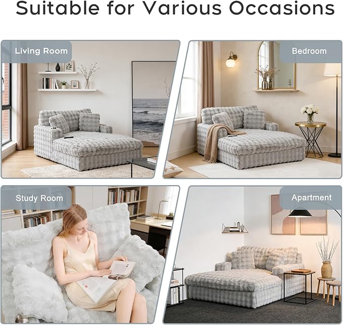 52.5 Inch Oversized Chaise Lounge Chair Indoor, Faux Fur Upholstered Sleeper Couch, Ergonomic Deep Seat Sleeper Sofa with Plush Pillows, Cup Holders, USB Port,Reading Chairs for Living Room/Light Grey
