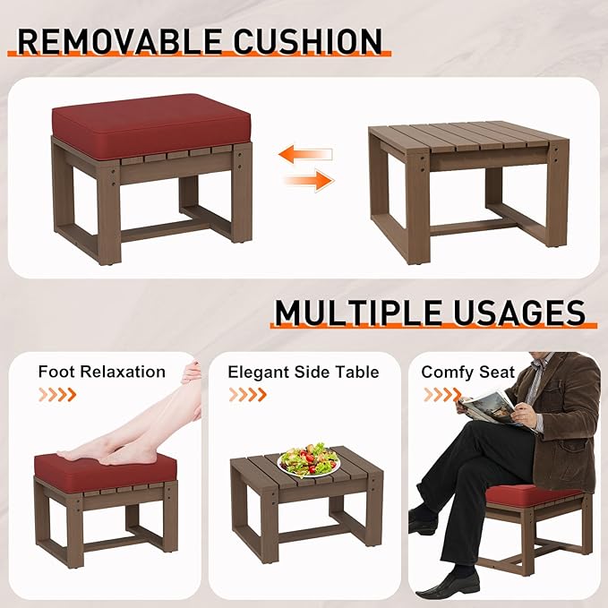 INTER HUT Rustic Hideaway Natural Cedar Wood Outdoor Furniture Set, Wicker Patio Conversation Set for Porch Garden Backyard, Couch, 2 Patio Chairs, Side Table and 2 Ottomans, 6 Piece, Brownish/Red