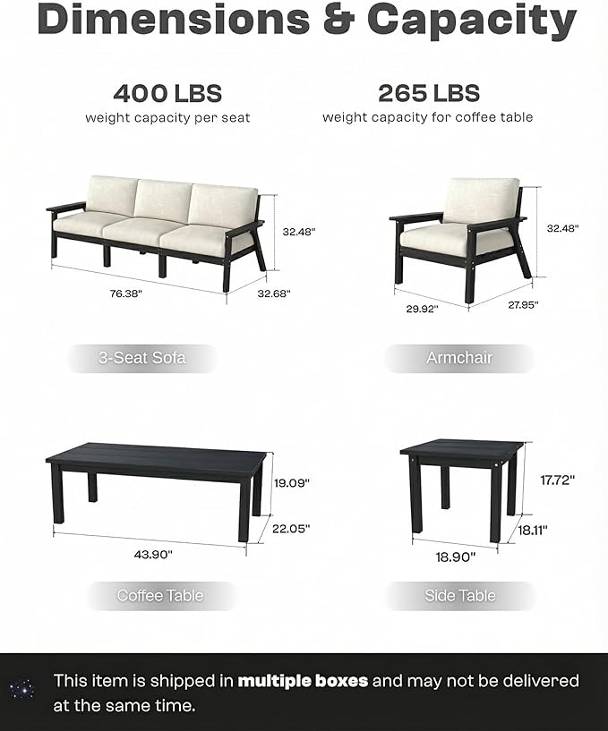 Patio Kingdom 7 Piece Patio Conversation Sets, Outdoor Couch with Washable Thick Beige Cushions, HDPE Patio Furniture Set with 12FT Umbrella, Outdoor Sectional Furniture for Backyard (Black Frame)