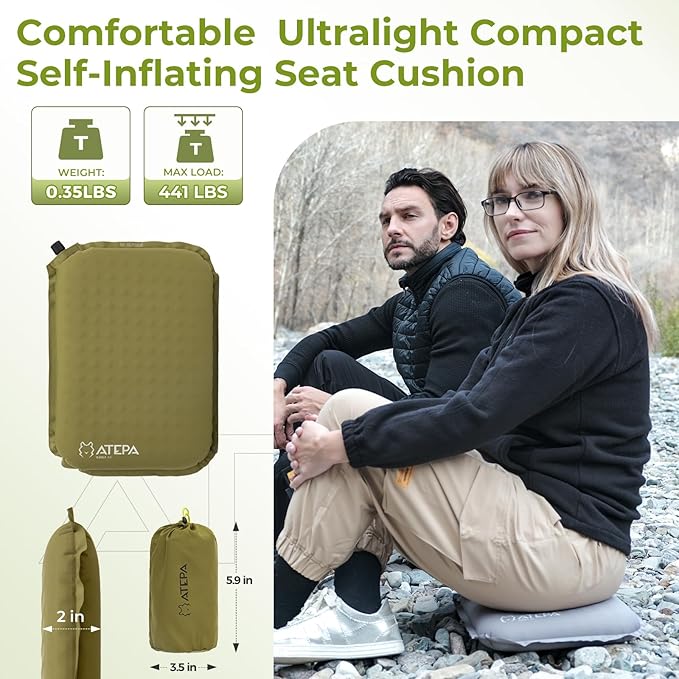 ATEPA Inflatable Seat Cushion, Self-Inflating Portable Stadium Airplane Travel Foam Cushion Pad for Camping, Sports Events, Outdoor