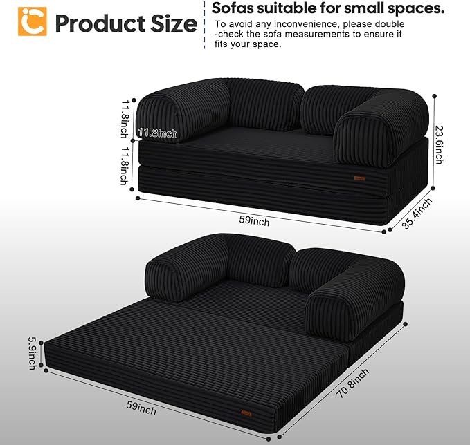 COMAX Futon Sofa Bed, 4-in-1 Floor Foldable Sofa Couch Bed Queen with L-Shaped Armrests, Convertible Folding Chair Bed Sleeper Mattress Fold Out Comfy Lounge for Living Room Bedroom, Faux Fur Black