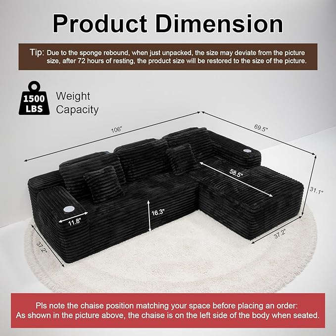 Cloud Sectional Couch with L-Shape Chaise, Modern Modular Sofa with Deep Seat, Built-in Cup Holder & Storage Pocket for Living Room Bedroom, No Assembly Required (Black, Left Sitting Chaise)