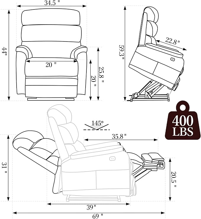 Power Lift Recliner Chair, Big Tall Man Lay Flat Ergonomic Lounge with Extended Footrest for Elderly People, Single Sofa Heat & Massage. Home Theater Seat, USB&Type-C Port (PU Leather, Reddish Brown)