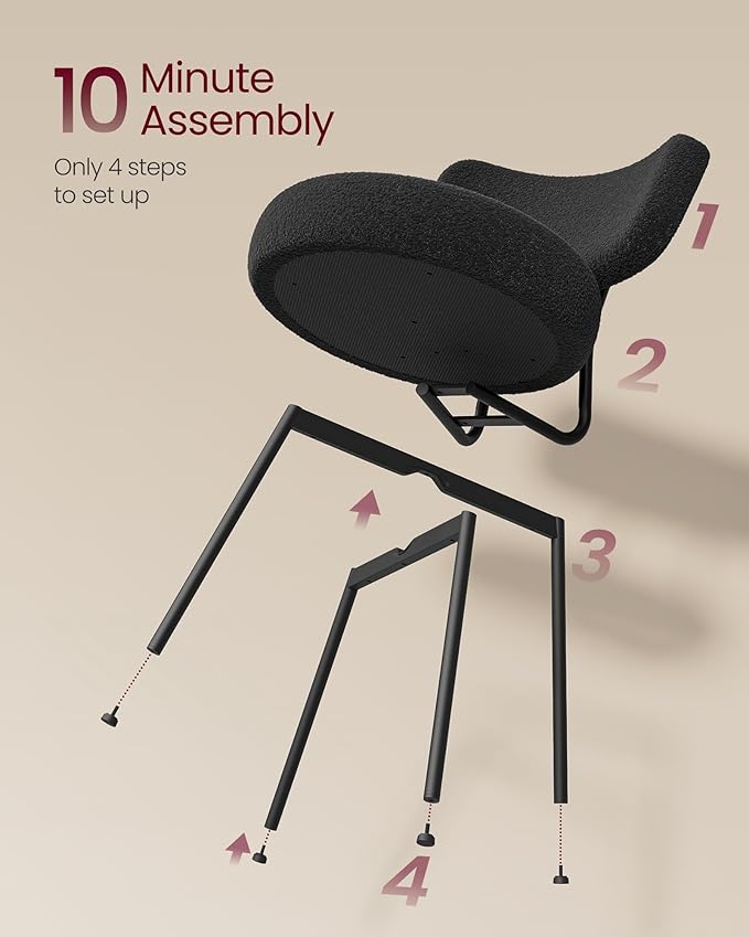VASAGLE Boucle Dining Chairs Set of 6, Upholstered Kitchen Dining Room Chairs with Curved Backrest and Steel Frame, Modern Mid Century, Round, for Vanity, Living Room, Ink Black UKDC110B16