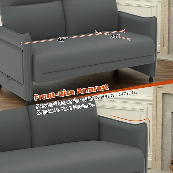 Faux Leather Loveseat, Upholstered Loveseat with Hidden Foldable Tray & Side Pocket, Front Contour Arm Design, Modern 2-Seater Sofa Couch for Compact Spaces, Gray