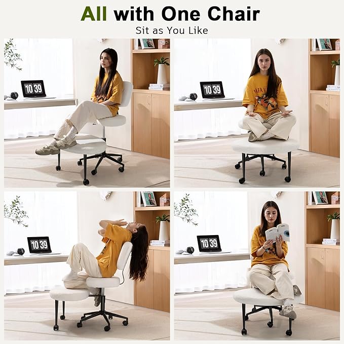Waleaf Ergonomic Cross Legged Office Chair with Wheels, ADHD Chair for Adults, Meditation Chair, Yoga Office Chair, Kneeling Chairs with Comfortable Back Support, Height Adjustable, Teddy Fabric