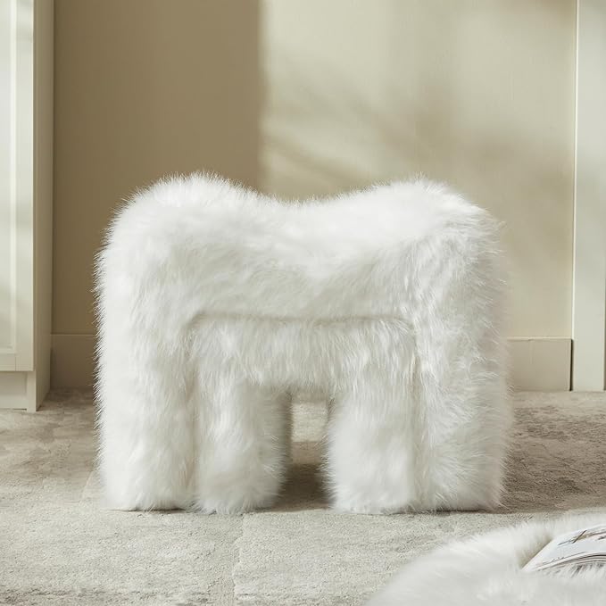 Ottoman Set of 2 Small Footstool Ottoman Vanity Stool Chair Faux Fur Seating Backless Modern Foot Rest Furry for Makeup Room Living Room Bedroom Entryway,White (2-in-1)