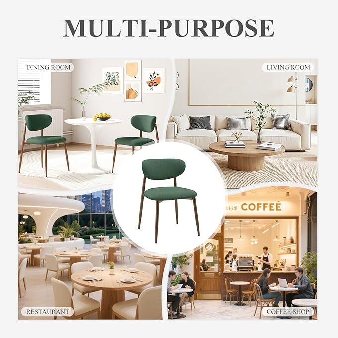 MALOL Dining Chairs Set of 2, Upholstered Dining Room Chairs with Metal Legs and Anti Slip Pads, Curved Back Kitchen Chair for Home and Restaurant Use, Green