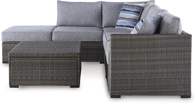Signature Design by Ashley Petal Road Casual Nuvella Weather Resistant Fabric, Cushioned Outdoor Loveseat Sectional/Ottoman/Table Set with 2 Throw Pillows, Set of 4, Gray