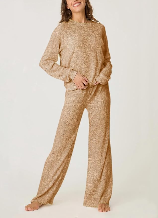 Aamikast Women's 2-Piece Lounge Set Soft Brushed Jersey Sleepwear Pajamas Set Long Sleeve Top & Wide Leg Pants