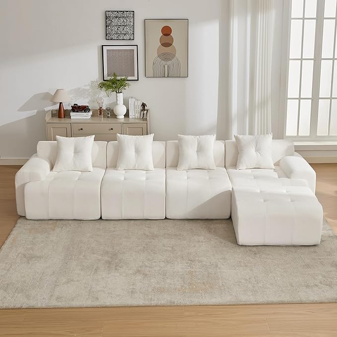 YAAREE 129.23”Modular Sectional Couch for Living Room, Modren L-Shape Cloud Sectional 4-Seater Sofa with 2 Movable Ottomans, Woven Texture Upholstery Boneless Couch, No Assembly, Beige