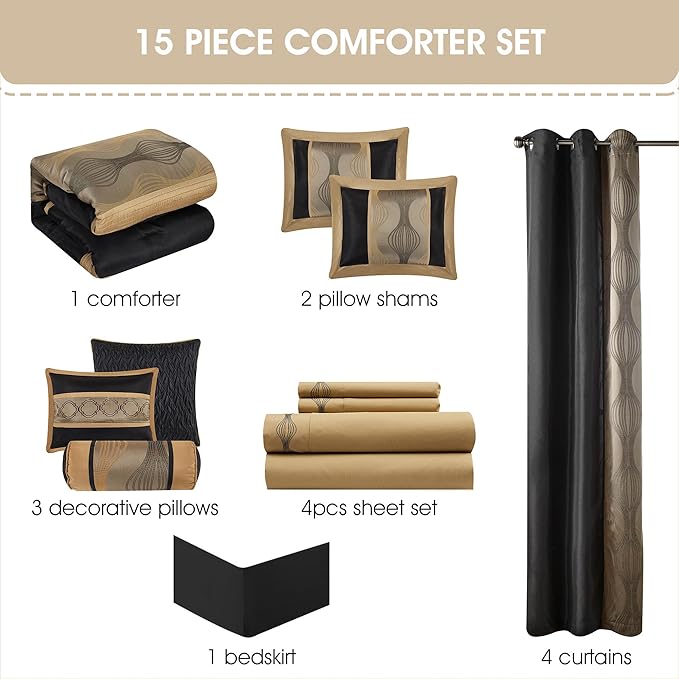 Grand Avenue Elegant Black and Gold Comforter Set King Size, Striped,15 Piece Room-in-A-Bag, Jacquard Bedding Set, All Season, Matching Decorative Pillows, Pillow Sham, Curtains