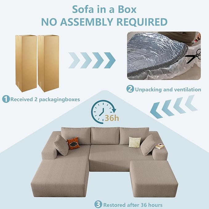 96" W Cloud Sectional Couch with Ottoman,Modern U-Shaped Cloud Couch with Deep Seat,Comfy Corduroy 3-Seater Sofa,Memory Foam Sofa for Living Room,No Assembly (Camel,Left-Facing Chaise)