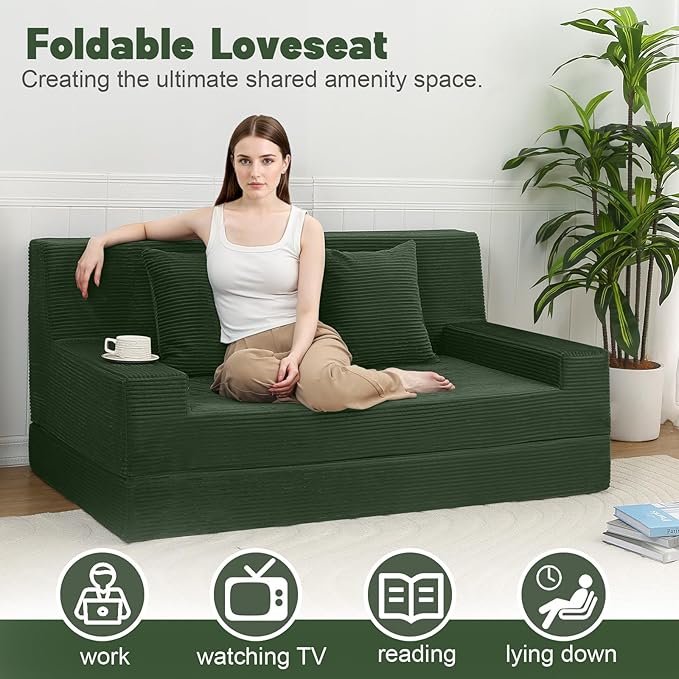MeMoreCool Boneless Folding Sofa Bed, Corduroy Convertible Sleeper Chair, Foldable Foam Mattress Chair, Comfy Fold‑Out Futon Couch Bed, Large Floor Sofa Couch for Living‑Room Guest Dark Green