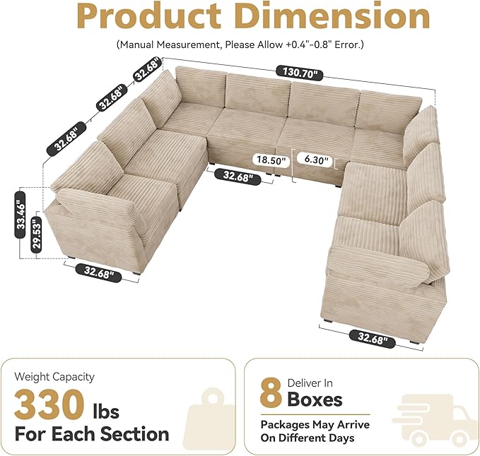 CAODOC Large 8 Seat Modular Sectional Sofa with Ottoman Seat Corduroy Sleeper Sectional Sofa Bed Oversized Convertible Modular Couch for Living Room