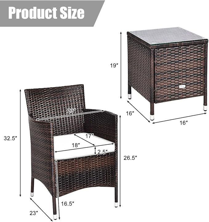 HAPPYGRILL 3-Pieces Patio Furniture Set Outdoor Rattan Wicker Conversation Set with Coffee Table Chairs & Cushions for Patio Garden Lawn Backyard Poolside
