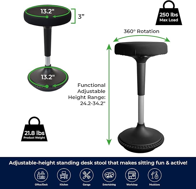 Uncaged Ergonomics Wobble Stool – Height Adjustable (23–33") Ergonomic Standing Desk Chair, Flexible Seating for Office, Classroom, and Active Sitting - Black