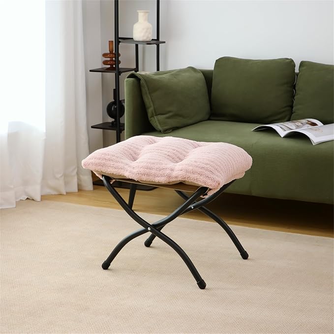 Mordchil HF 15"(H) Folding Ottoman, Foldable Footrest Stool, Portable Small Foot Stool for Couch, Collapsible Foot Rest Ottoman for Sofa, Accent Padded Ottomans for Living Room, Bedroom, Stripe Pink