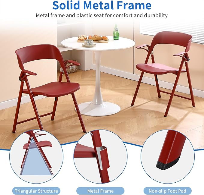 KAIHAOWIN 2 Pack Plastic Folding Chair with Armrest, Heavy Duty Foldable Chairs with Steel Frame Commercial Stackable Guest Chairs for Indoor and Outdoor-Red