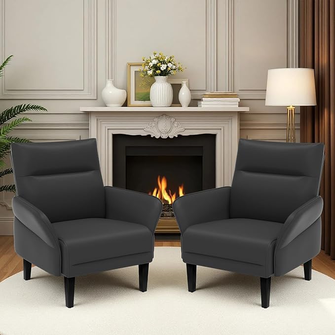 2-Pack Faux Leather Accent Sofas, Slanted Shawl Armchairs with Wide Armrests & Wooden Legs, Black Sofa Chairs Set for Living Room, Bedroom, Small Spaces
