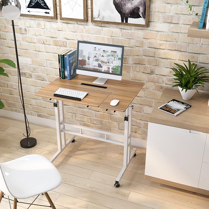 DlandHome Adjustable Rolling Desk Standing Desk, Sit-Stand Desk Cart Mobile Computer Desk Stand Up Desk Office Desk Riser Standing Table Workstation Mobile Desk, Oak