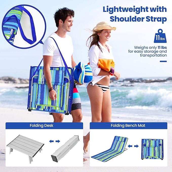 Nightcore 3-Piece Beach Chairs Set for Adults, Adjustable Lawn Chair with Side Table for Outdoor Relaxing & Sun Tanning, Portable & Folding Recline Chaise Lounge for Beach, Patio, Camping (Stripe)