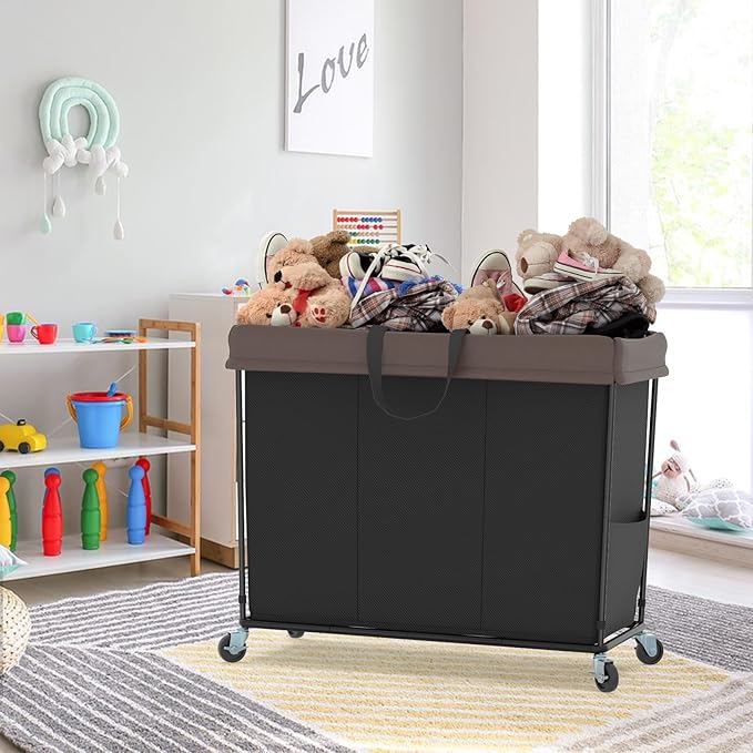Mefirt 320L Laundry Hamper with Wheels, 3 Section Large Rolling Laundry Basket Bag with Wheels, Clothes Hamper Cart for Laundry, Bedroom, Bathroom and Dorm