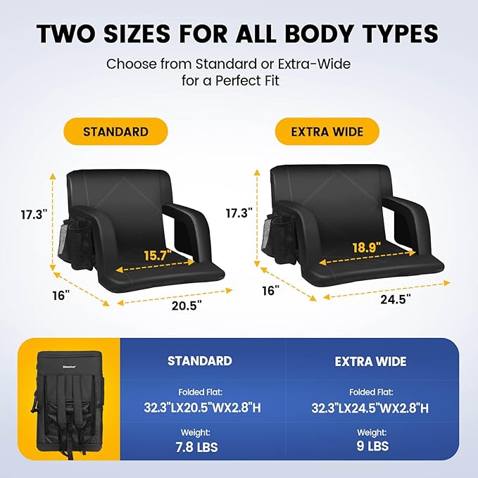 Sheenive Stadium Seat with Back Support Padded Bleacher Chairs with Back and Cushion, Portable Folding Bleacher Seat with Armrest, 6 Reclining Positions, Large Stadium Seat with Cup Holders & Pockets
