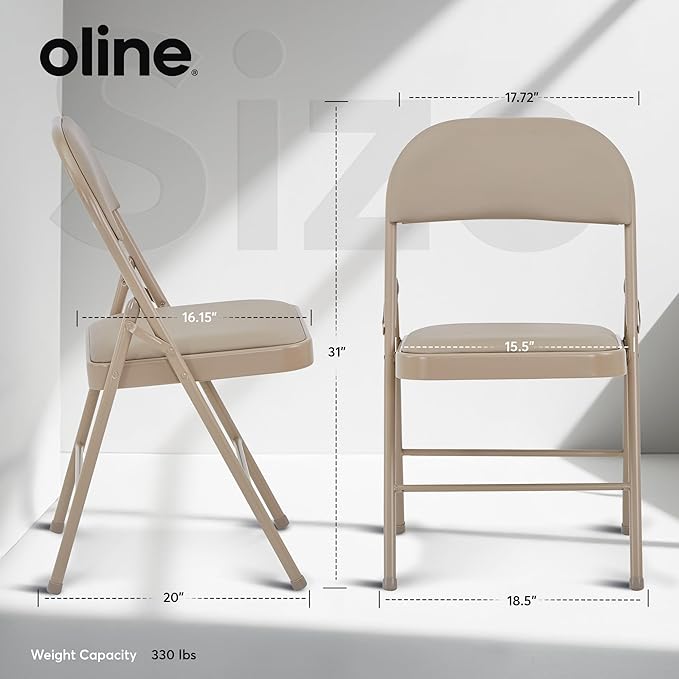 Oline Vinyl Folding Chairs, Padded Vinyl Cushion Chairs with Durable Metal Frame, Indoor Outdoor Stackable Foldable Guest Chairs for Office Wedding Kitchen Dining, 300lb Capacity (Khaki, 1 Pack)