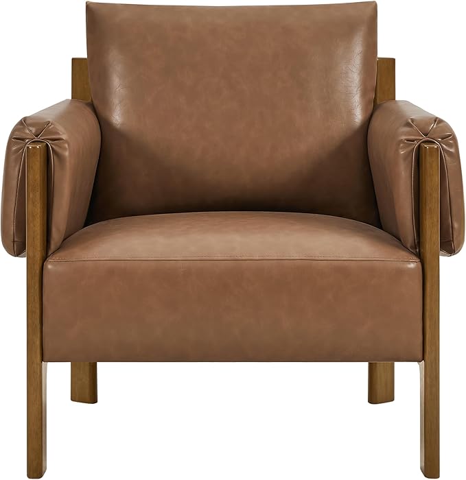 CHITA Accent Chair Set of 2, Mid Century Modern Upholstery Armchair for Living Room, Solid Wood Frame, Faux Leather in Saddle Brown