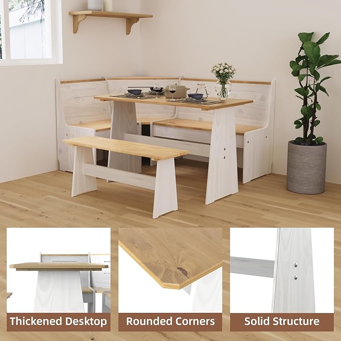 Breakfast Nook Table Set for Kitchen - White Bench Seating for Dining Room with Space Saving Solid Wood L Shaped Corner Dining Table Set Apartment for 4 to 6 People