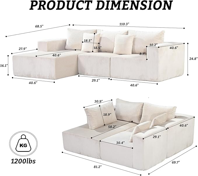 Modular Sectional Sofa,Oversized Cloud Sectional Couch with Deep Seat Modern Boneless L-Shape Lounge Sofa No Assembly Required with Pillows for Living Room Bedroom(Beige)