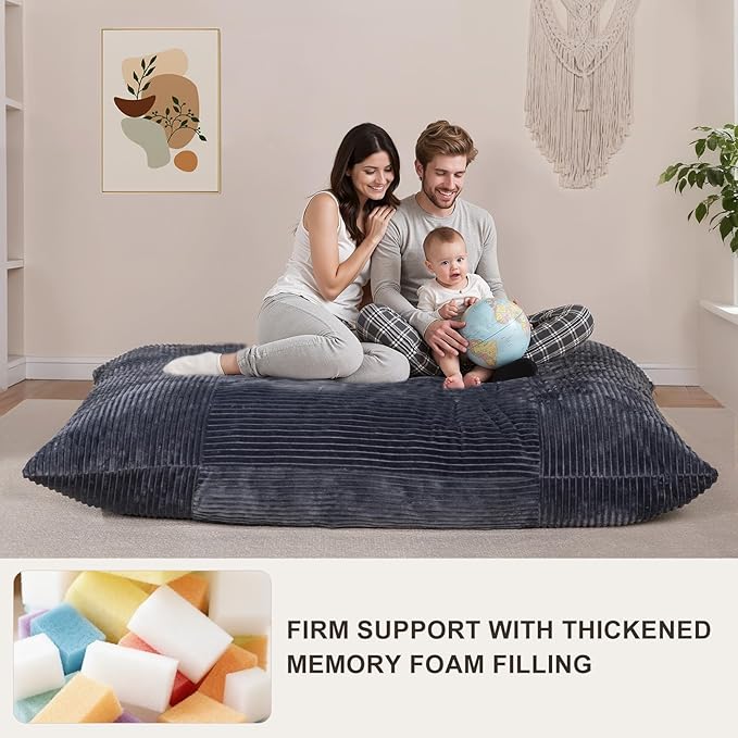 4 in 1 Giant Bean Bag Chair for Adults & Kids, 75” Beanbag Couch with High-Density Memory Foam Filling, Multifunctional Floor Sofa Lounger Suitable for Living Room Bedroom Apartment (Grey)