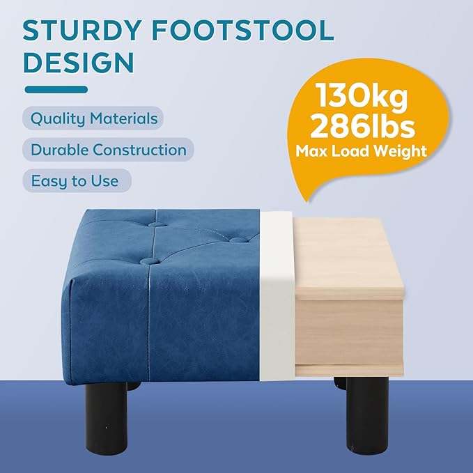 FIMIVIBI Small Foot Stool Ottoman, Faux Leather Footstool Ottoman Foot Rest for Couch, Rectangle Footstools and Ottomans Small for Living Room, Entryway and Bedroom (Blue)