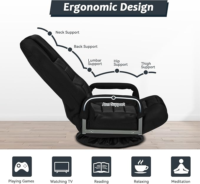 360° Swivel Gaming Chair 6 Adjustable Positions Backrest with Armrest Foldable Floor Chairs Suitable for Reading, Relaxing, Mediation,Black