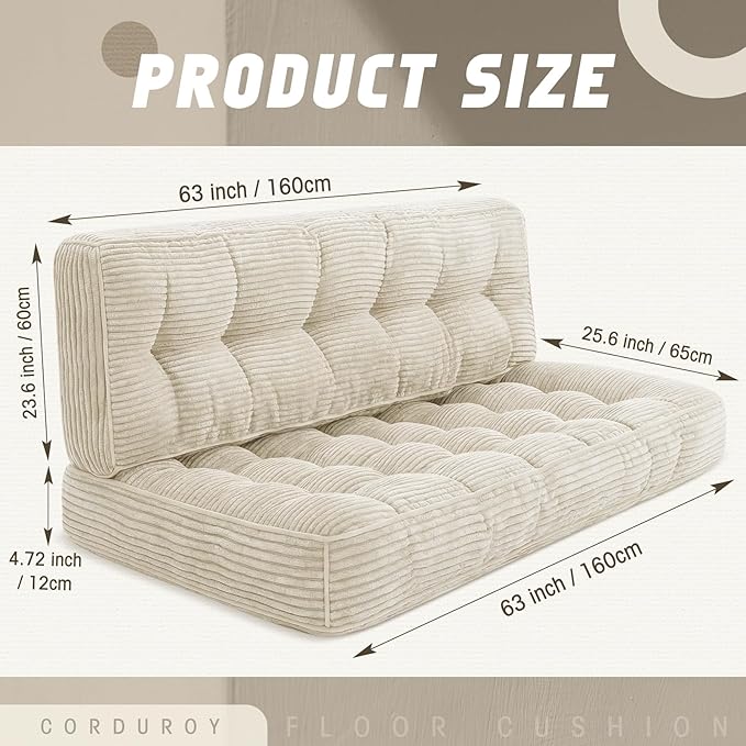 Vercraft 63 Inch Folding Bench Cushion, 4 Inch Thick 2-in-1 Convertible Long Floor Lounger Boneless Cushions Couch Mattress Upholstered for Yoga, Reading, Sleeping, Meditation Living Room(Beige)